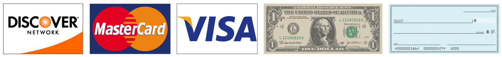 Discover, Mastercard, Visa, Cash and Check Logo